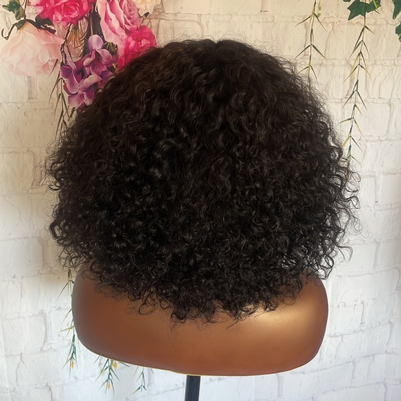 💕 12” HUMAN HAIR SHORT Curly Wig With Bangs FULL CAP WITH BAND & lace top part - Picture 10 of 17